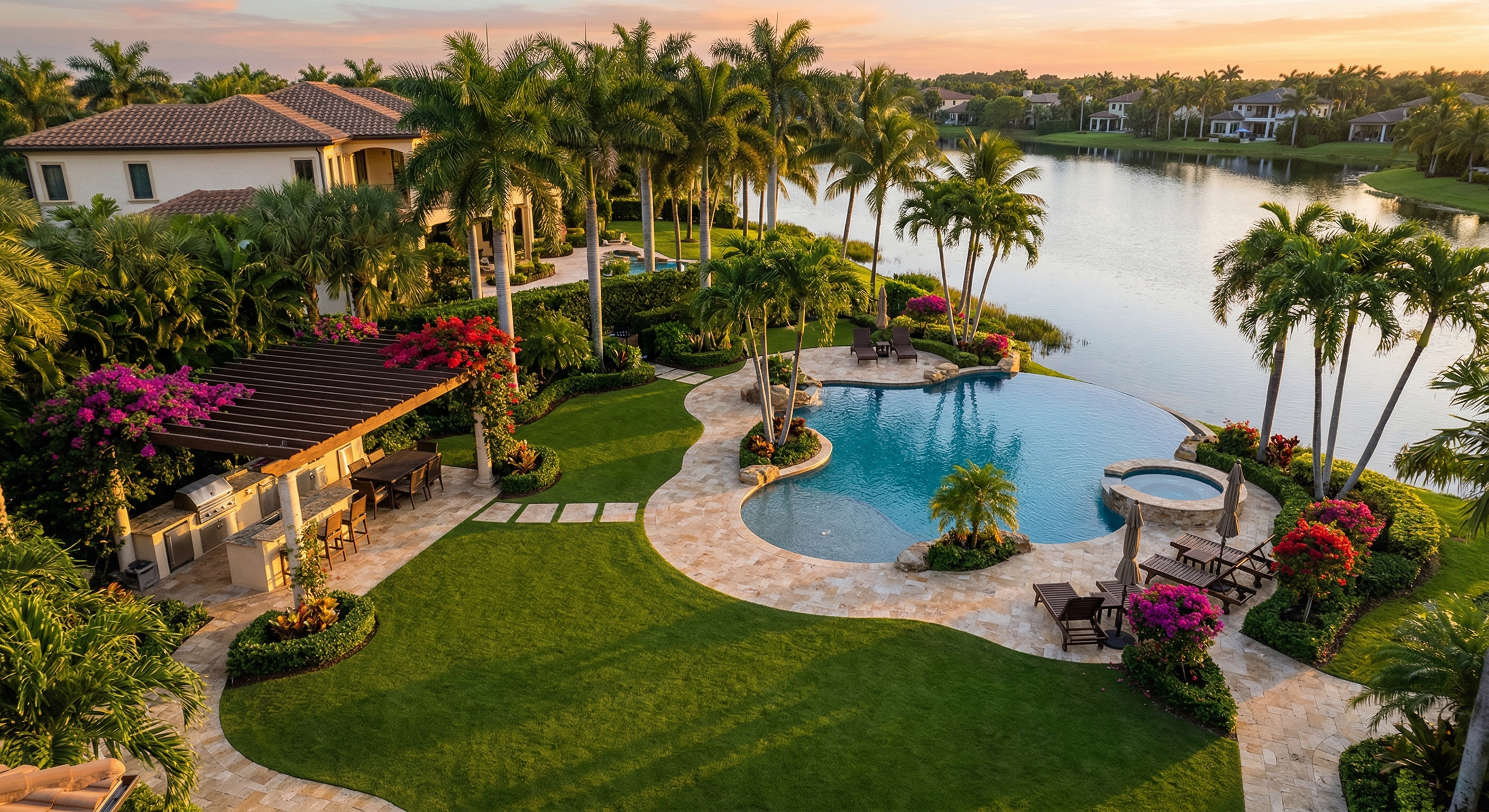 Luxury landscape design with pool and waterfront at sunset
